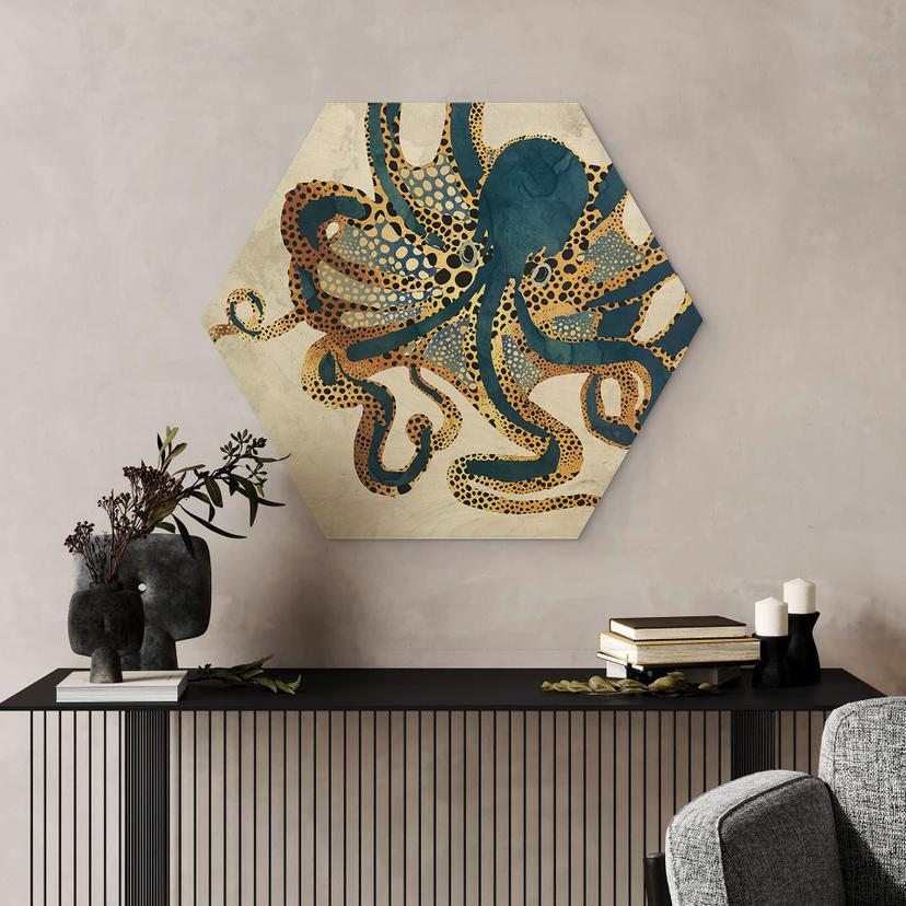 Hexagon Holzbild SpaceFrog Designs - Goldener Oktopus