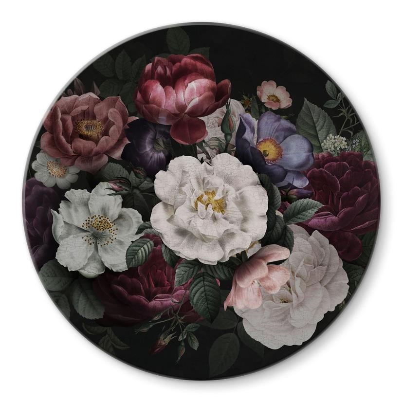 Glasbillede - Blomster stilleben i Redouté stil - blomsterdekoration - rund