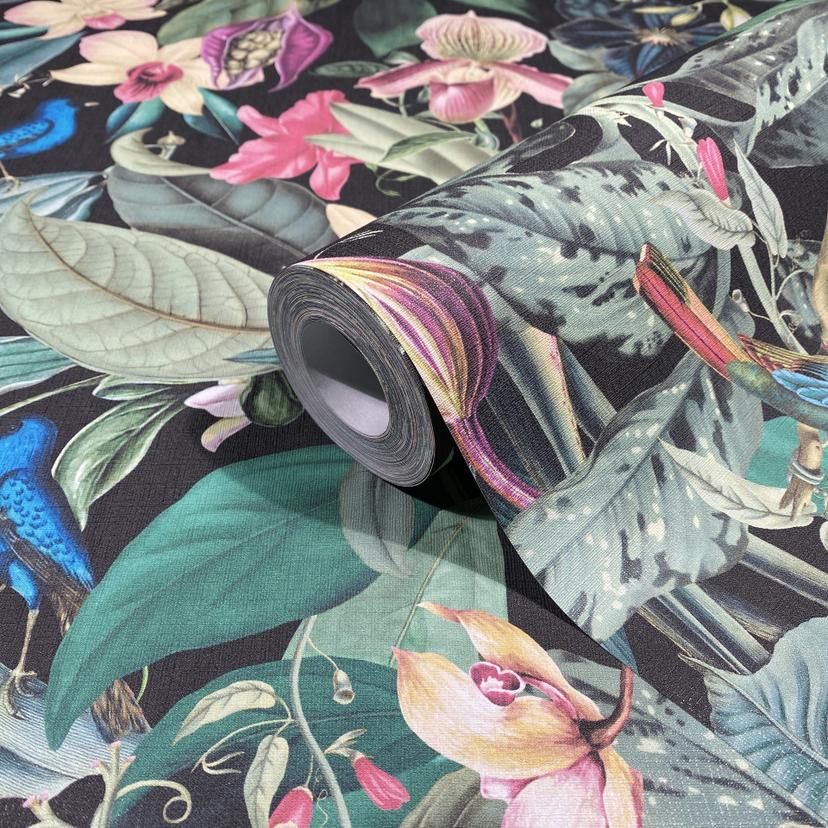 Papel pintado no tejido de color negro, hojas verdes flores naturaleza floral