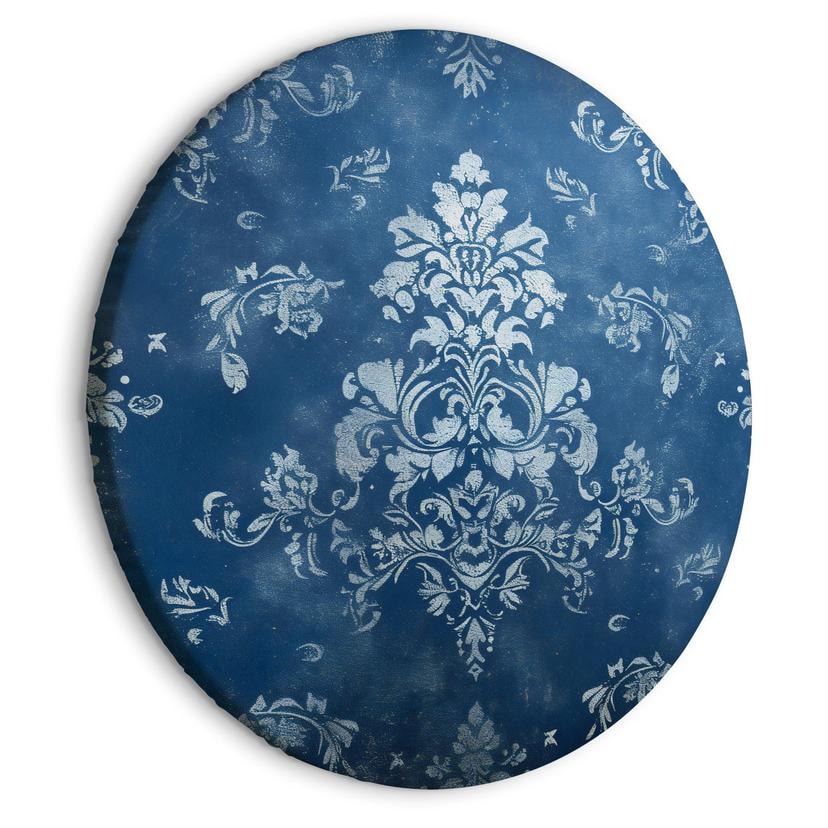 Rundes Leinwandbild Retro Ornament: Dekoratives Motiv in verwaschenem Blau