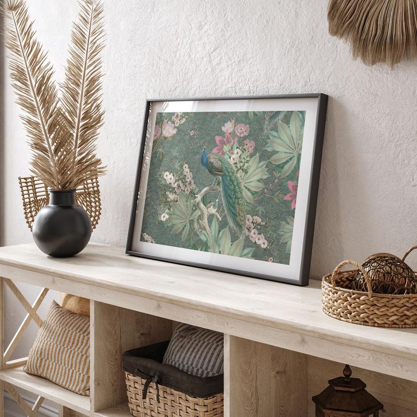 Poster pavone in giardino tropicale su mosaico - Bloomery Decor