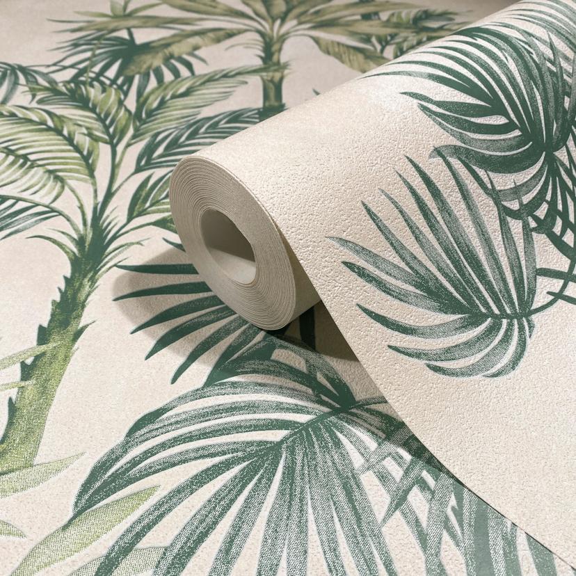 Papel pintado no tejido de color beige verde árboles hojas selva naturaleza floral