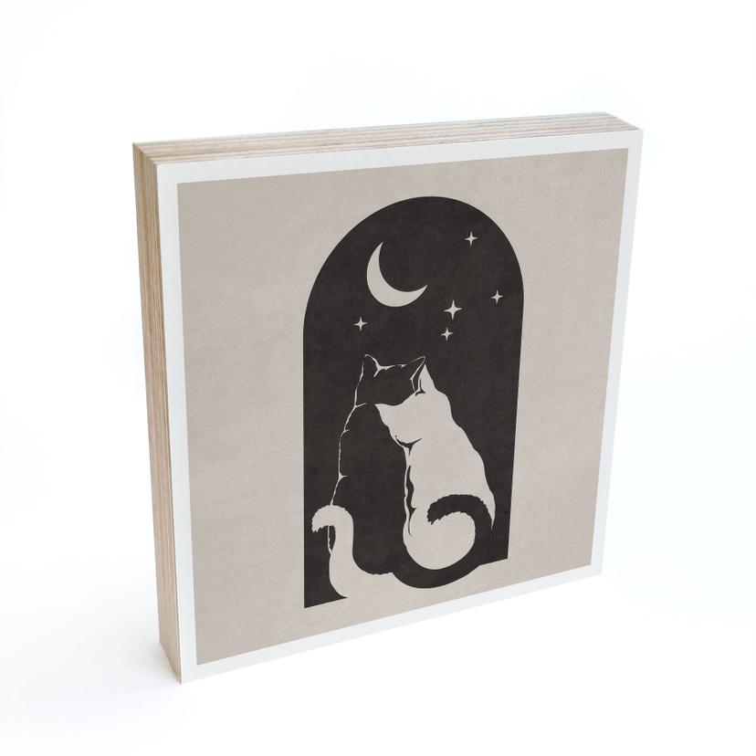 Billede af træ til at sætte op - To katte i måneskinnet - 15x15 cm