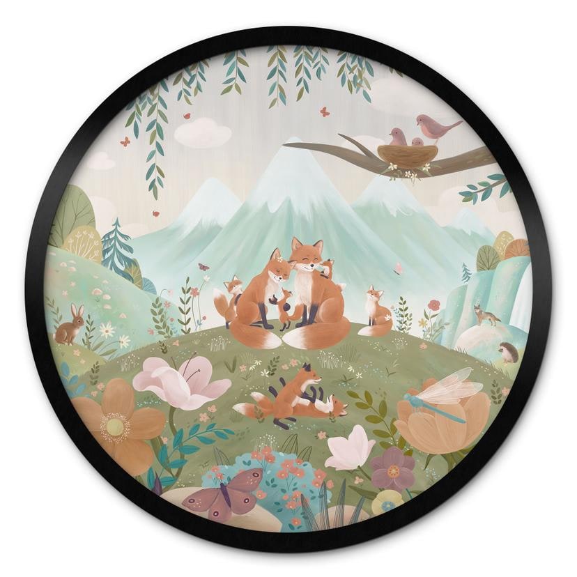 Poster Vossenfamilie op de Bloemenweide - Oliver Robins - Rond