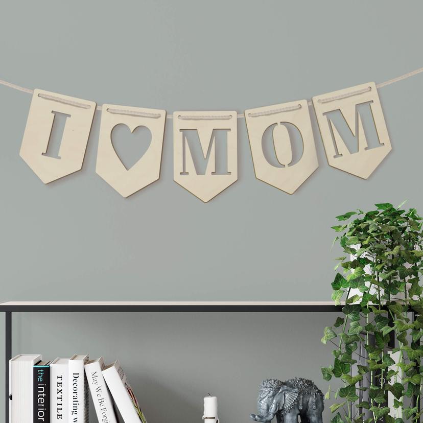 Decoración en madera álamo - Cadena de banderines I Love Mum (set de 5) incl. cuerda de algodón