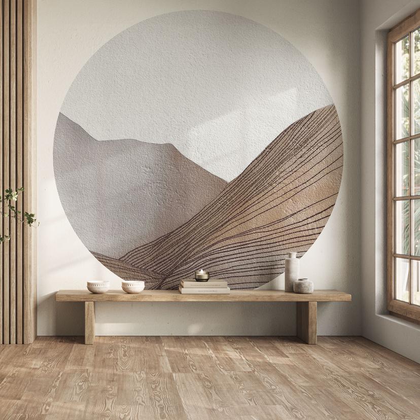 Minimalistisk bjergskitse | Linjekunst Fototapet - Alma - Rund - vliesetapet/selvklæbende non-woven