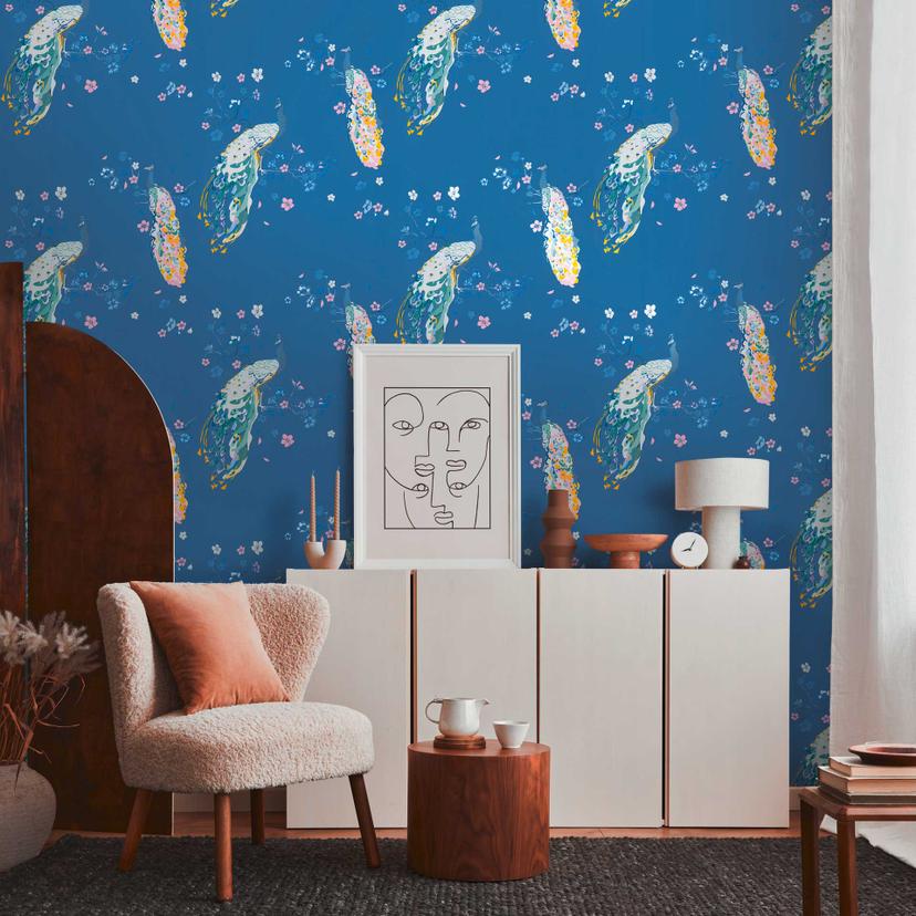 tapet påfugl blå pink - blomster tapet designer - tapet med fugle blomster