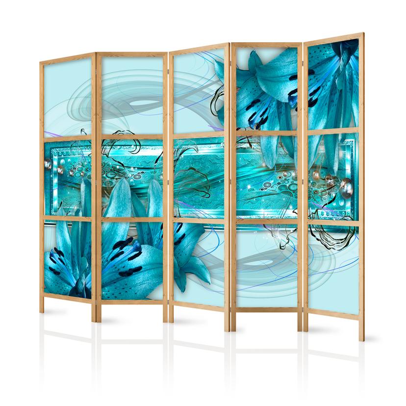 Parete divisoria giapponese - Gigli in blu chiaro, 3 pezzi