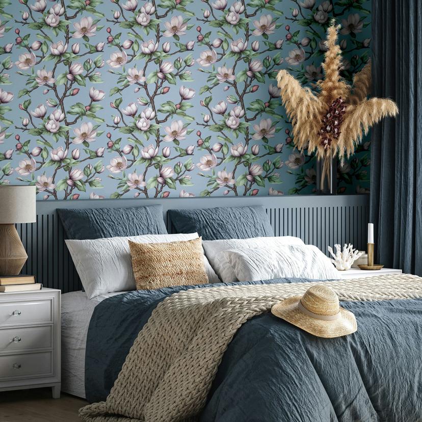 Icke-vävd tapet grenar, blommor blommig natur matt i blå lila