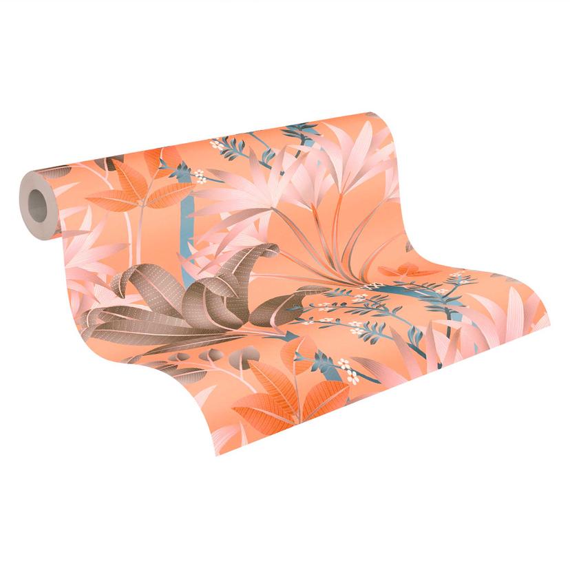 Papel pintado selva en estilo gráfico naranja colorido - papel pintado no tejido hojas de palmera