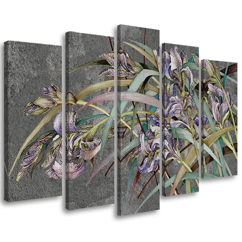 Impression sur toile en 5 parties, fleurs d'iris dans le vent