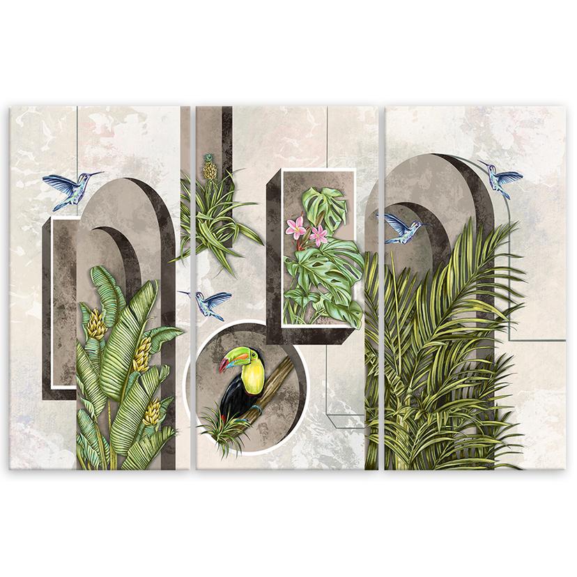 Stampa su tela 3 pezzi, forme nel muro con piante e uccelli Toucan Koliber