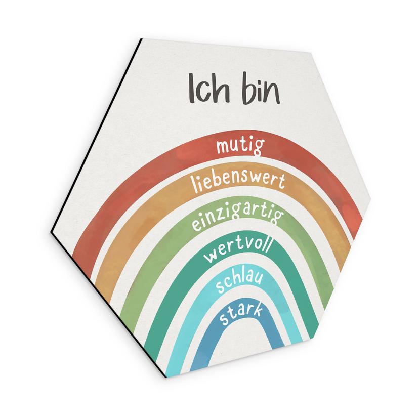 Alu-Dibond Hexagon mit Regenbogen - Kraftsätze für Kinder
