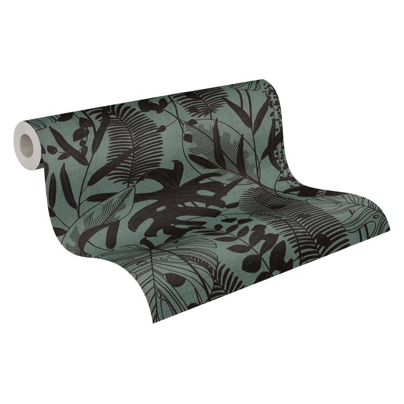 Papel pintado no tejido hojas de palmera azul negro metálico papel pintado tropicales