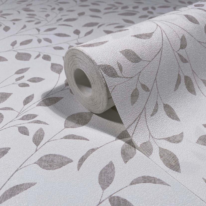 Vliestapete Blätter Floral Natur matt in Weiß Grau