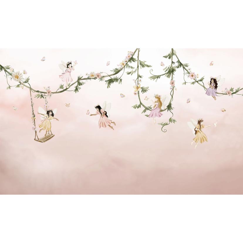 Fototapet för barnrum - Små älvor ovanför rosa moln - Oliver Robins