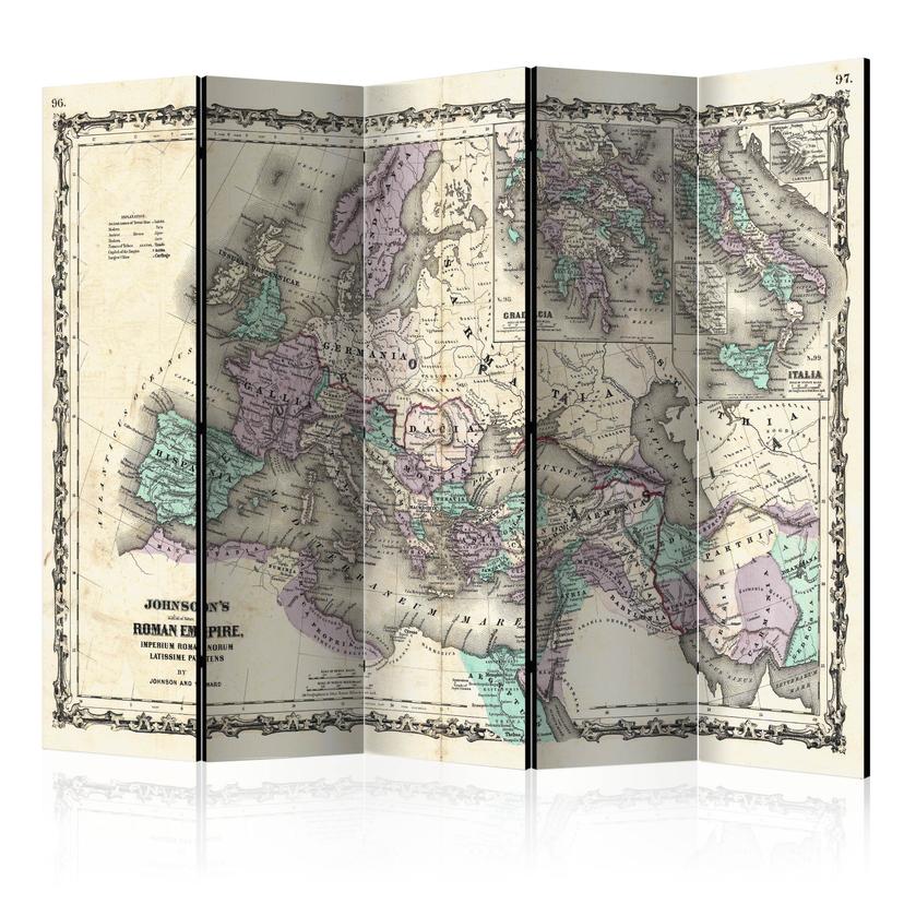 Skærm til rumopdeling - Verdenskort - Den romerske odyssé, 5-delt - 225x172 cm