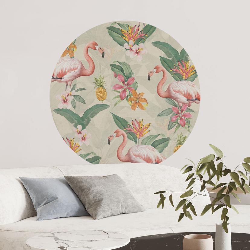 Sticker mural flamant rose et feuilles tropicales - Bloomery Decor - Rond