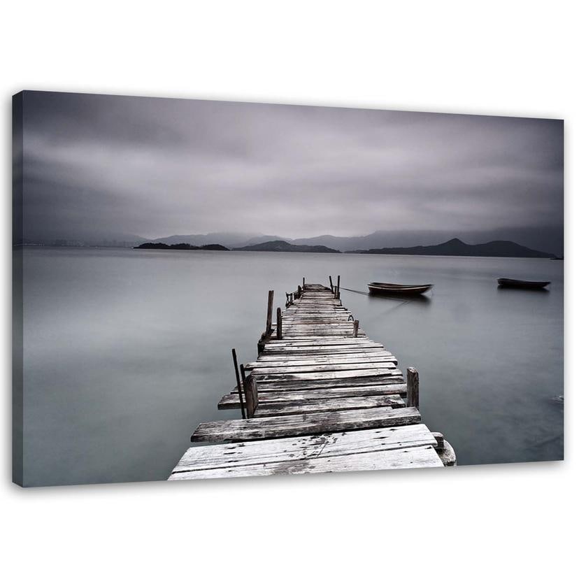Tableau sur toile, Passerelle paysage lacustre hivernal