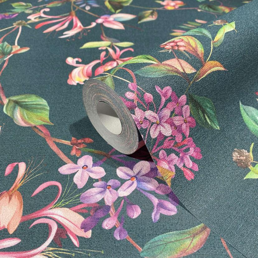 tapet, blomstret non-woven tapet Flora grå, blå