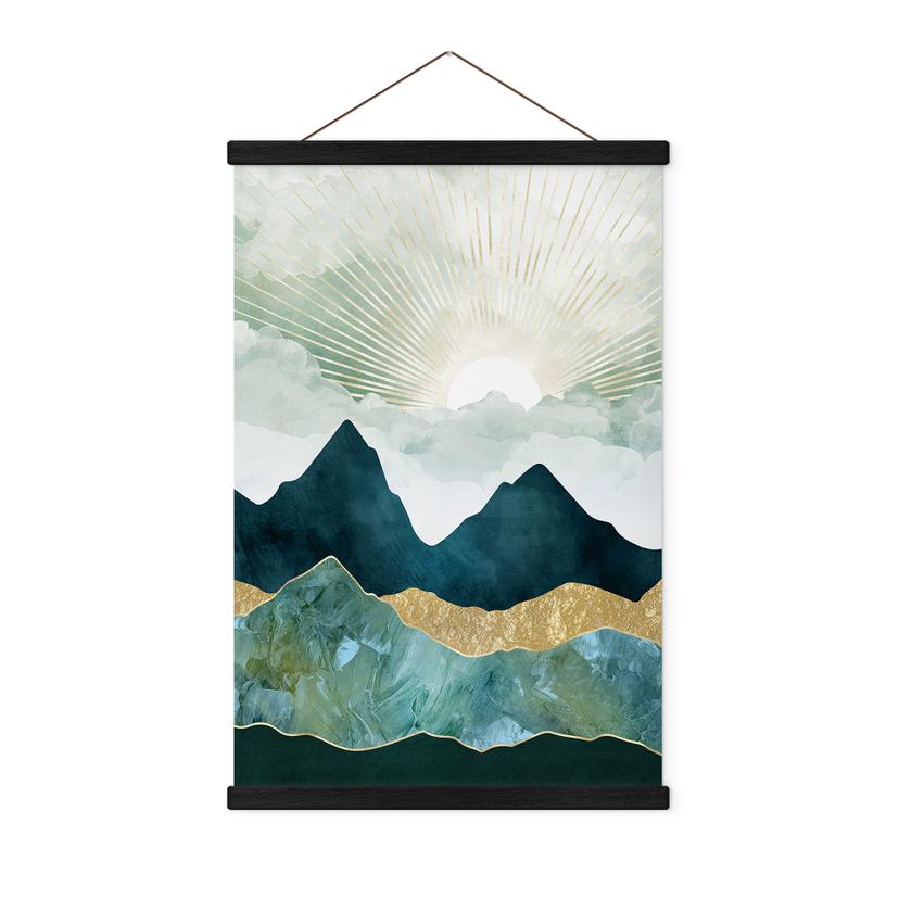 Póster de tela Paisaje soleado en azul y dorado - SpaceFrog Designs