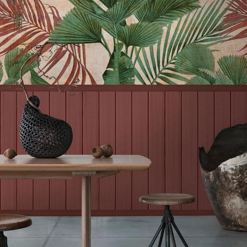 Junglegrønt med rødt beige træpaneltapet - tropisk ikke-vævet tapet, der kan udvides