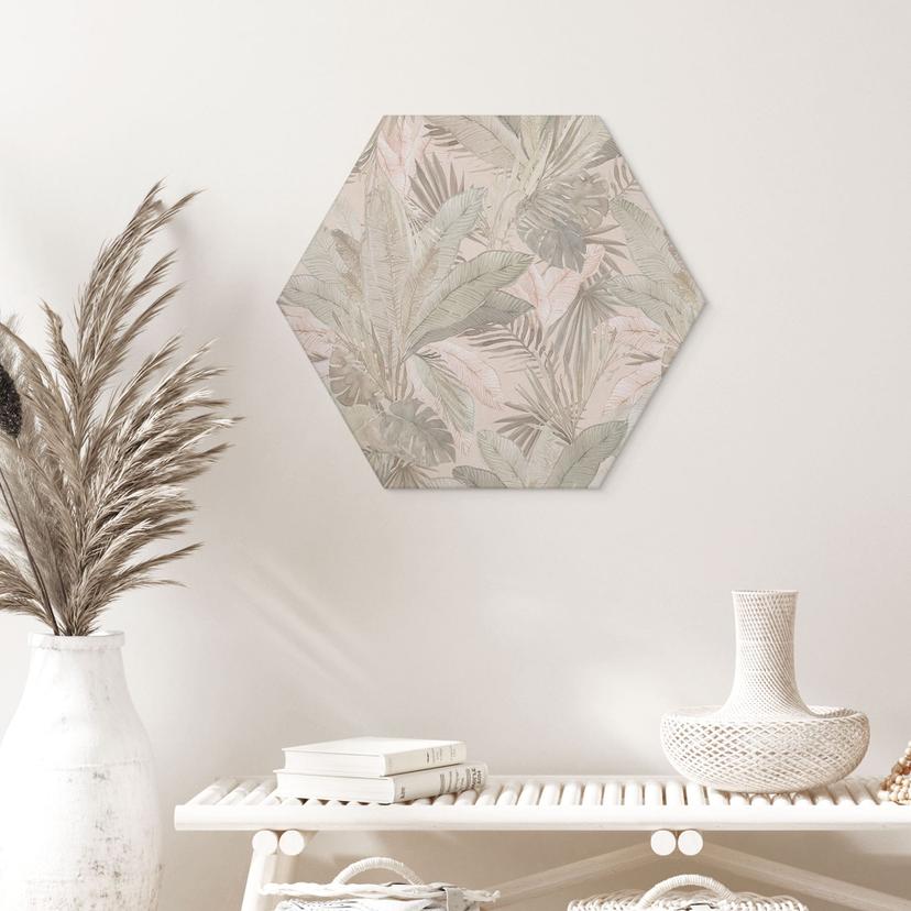 Stampe esagonali per pareti con foglie tropicali nella giungla - Bloomery Decor - alluminio dibond