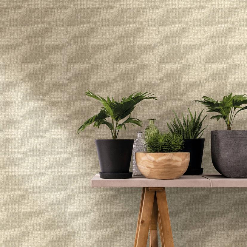 Non-woven tapet med vævet træ-look beige, hvidt tekstil-look