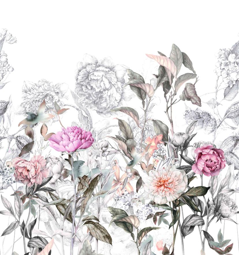 Fototapet med motiv Delikate vintage-blomster i grå og rosa 3,4 x 3,18 m