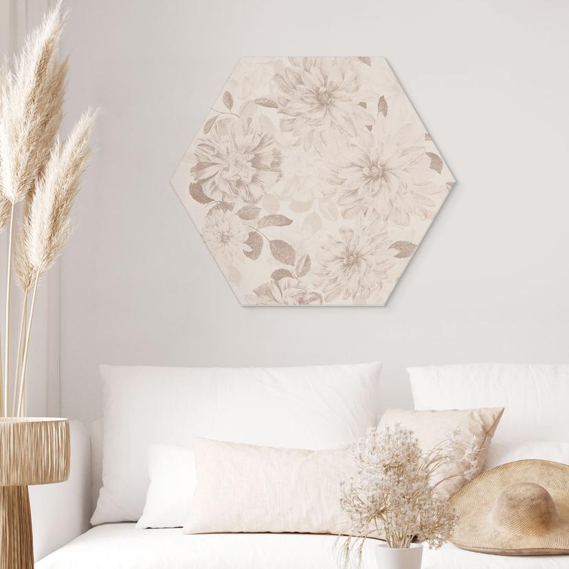 Stampe esagonali per pareti Dahlias Shabby Chic Beige - Bloomery Decor - Alu-Dibond
