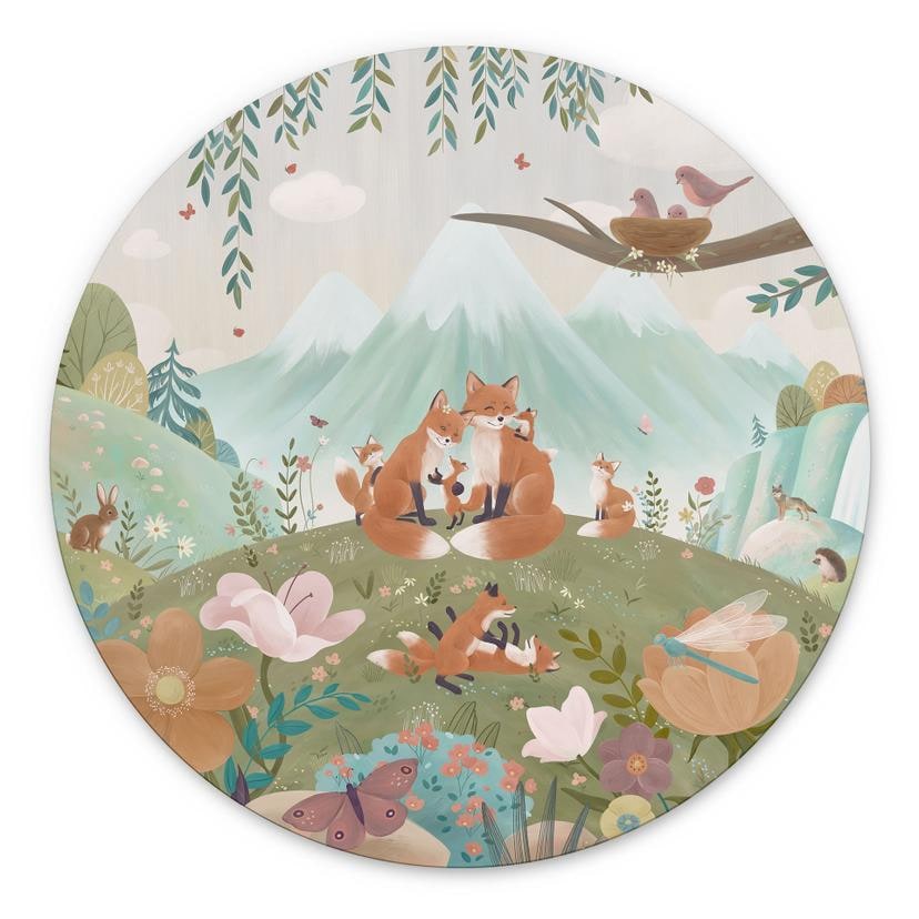 Wanddecoratie Vossenfamilie op de Bloemenweide - Oliver Robins - Alu-Dibond - Rond
