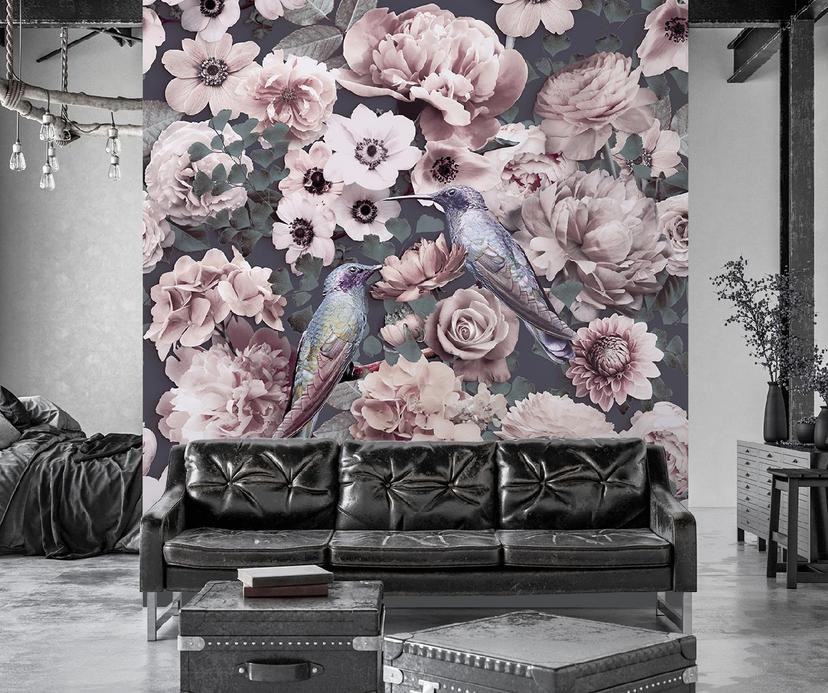 Fototapete, Tropische Vögel Blätter Rosa Blumen Abstrakt - Andrea Haase