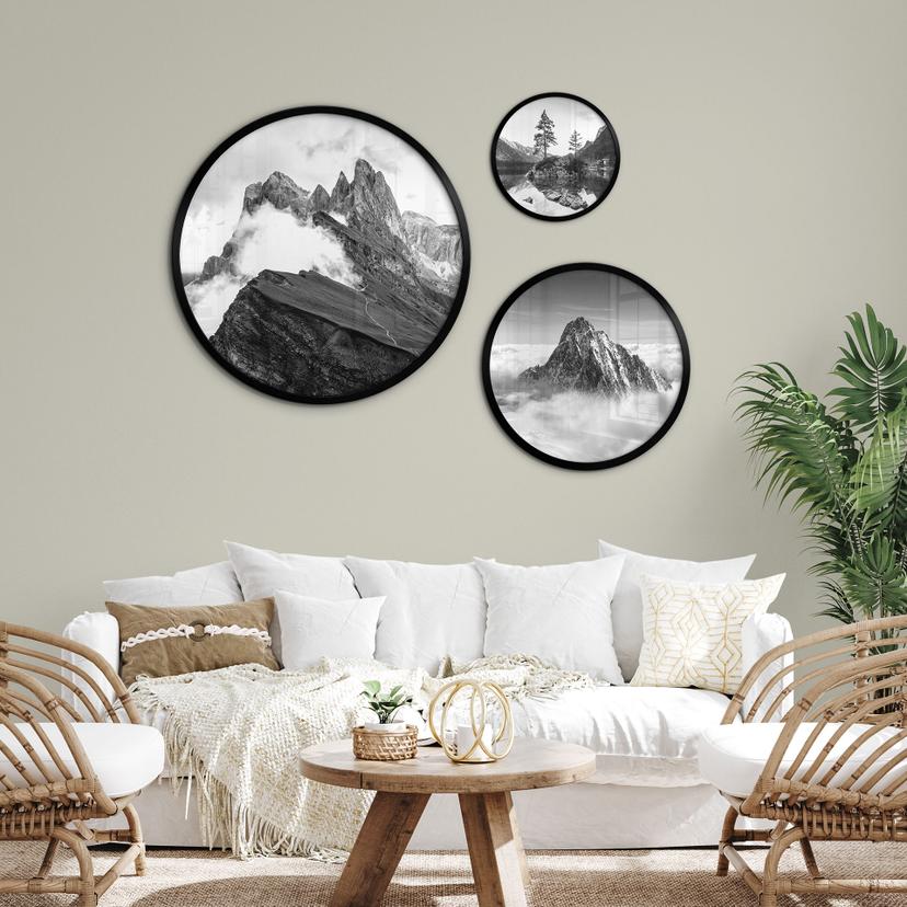 Poster-Set Berggipfel in den Wolken - Schwarz-weiß (3-teilig) - Rund