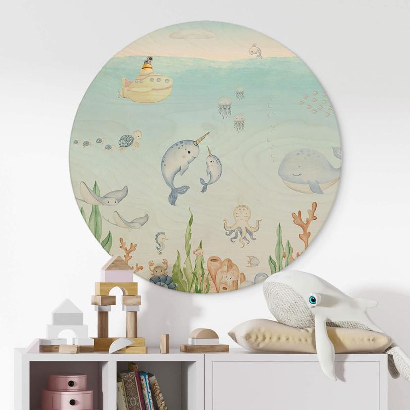 Holzbild Kinderzimmer - Niedliche Unterwasserwelt Rund - Oliver Robins