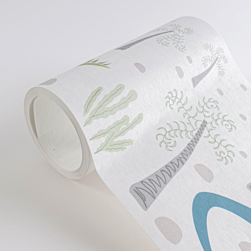 Bordo per dinosauri per la camera dei bambini beige verde blu - decorazione con motivo preistorico