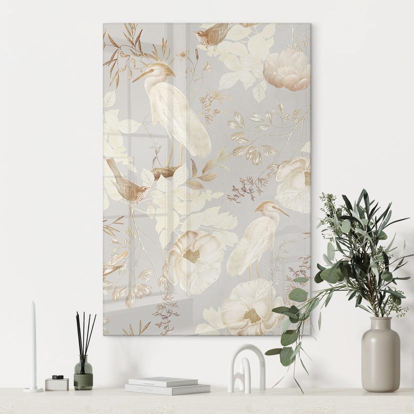 Stampa su vetro acrilico Uccelli tra fiori bianchi - UN Designs