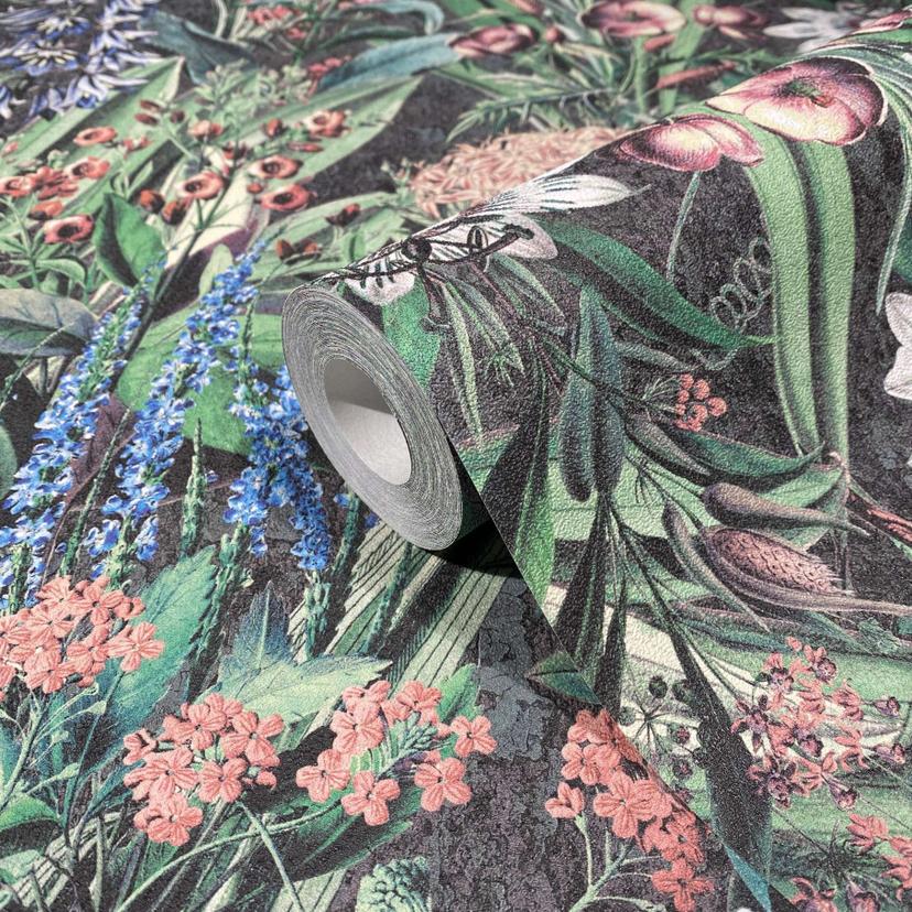 Tapet, non-woven blomstertapet Flora sort, grøn