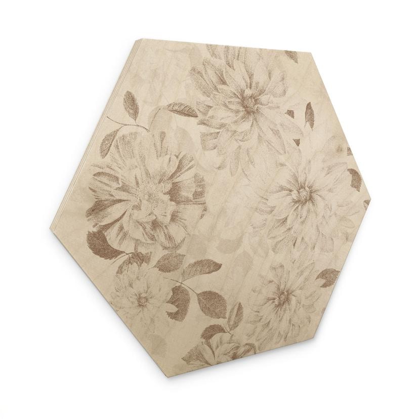 Tableau sur bois hexagonal Dahlias Shabby Chic Beige - Décor Bloomery