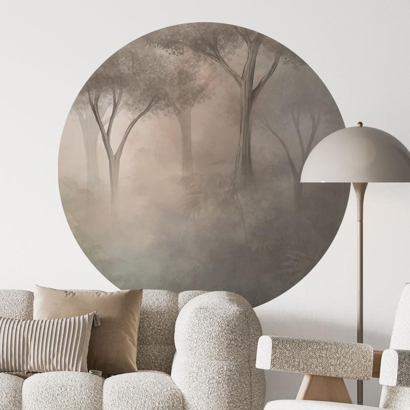 Muursticker Bosmagie in de ochtendnevel Beige - Ms Tiff - Rond