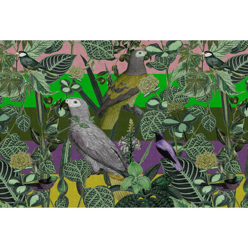 Papel pintado Loro en tonos verdes con motivos vegetales - papel pintado no tejido