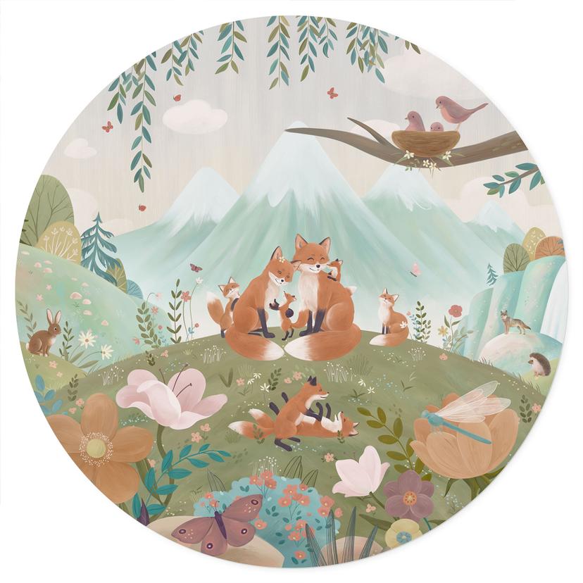 Wandtattoo Fuchs Familie auf der Blumenwiese - Oliver Robins - Rund