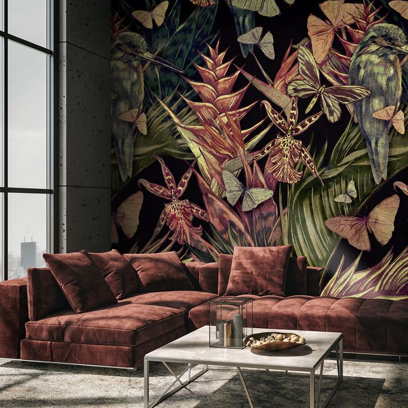 Fototapeta z motywem czapli w tropikalnej dżungli z motylami i orchideą 3,4 x 2,65 m