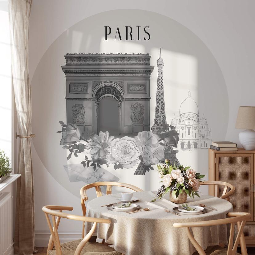 Fototapet - Rundt Love your City - Paris Sort og hvid - vliesetapet/selvklæbende non-woven tapet