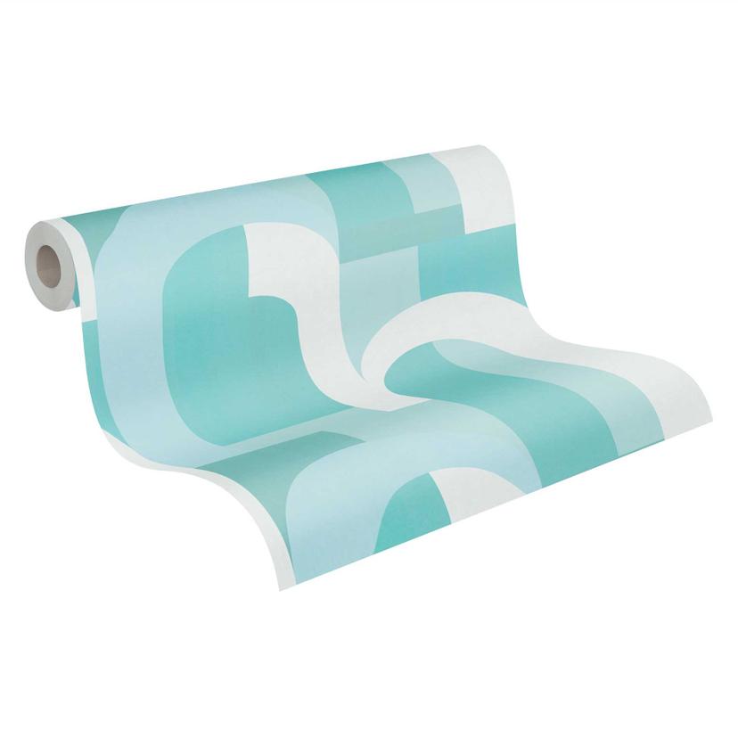 Papel pintado gráfico en estilo art déco turquesa blanco - Papel pintado no tejido con Muestra retro