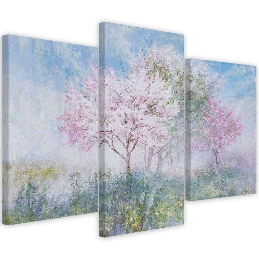 3 stykke lærredstryk, et blomstrende træ på engen