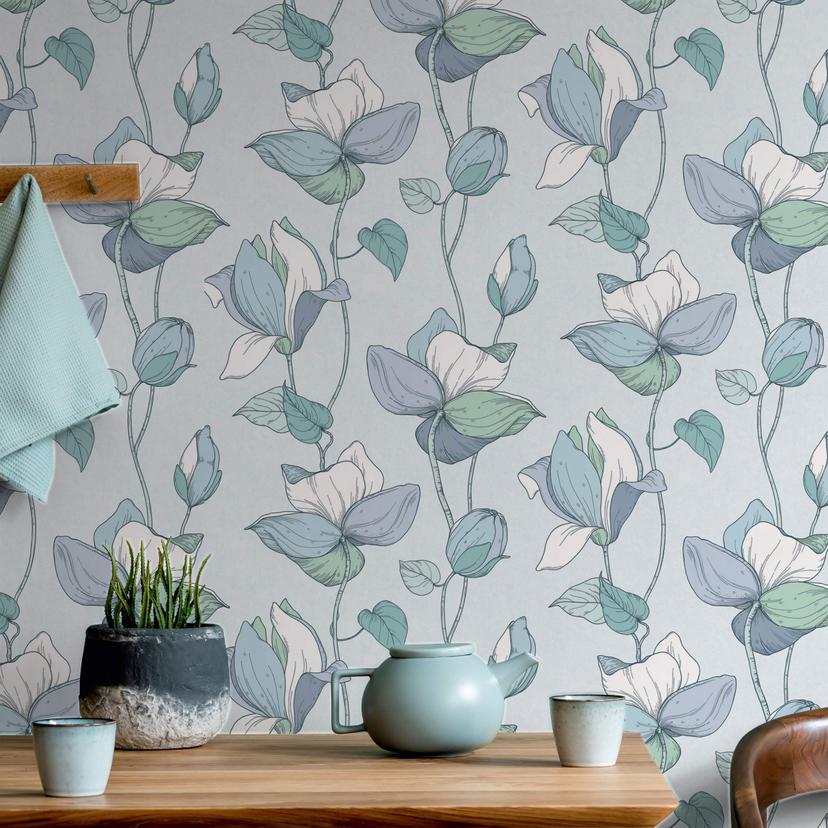 tapet, ikke-vævet blomstertapet Flora blå, grøn
