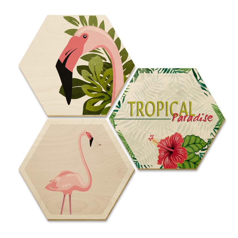 Hexagone - Bois placage de bouleau - Flamant rose 03 (Set de 3)