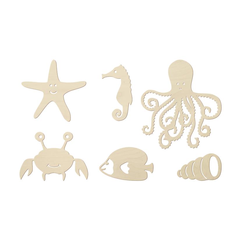 Decorazione per cameretta in legno creature marine in legno di pioppo (6 pezzi) - 50x30 cm