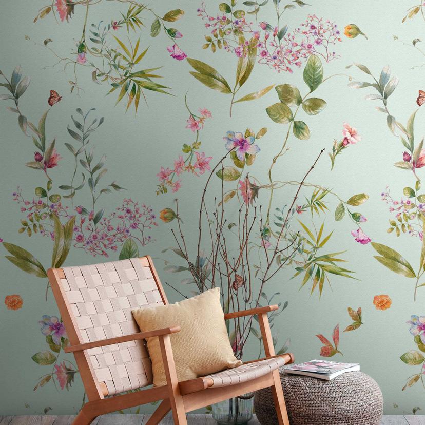 Blomstertapet mintgrønt farverigt - non-woven tapet med blomstermotiv til soveværelse & stue