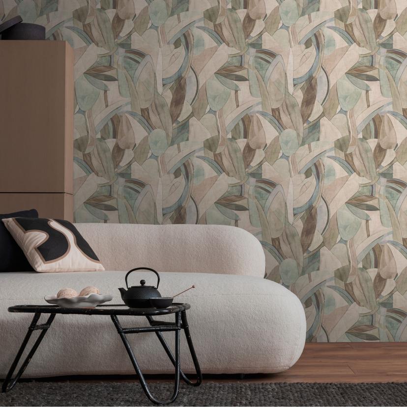 Papier peint abstrait feuilles en beige vert bleu - tons naturels doux - papier peint intissé